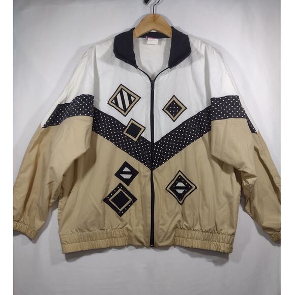 Southern‎ Stiches White Tan Geometric Long Sleeve Zip Up Windbreaker Size L - Picture 1 of 9